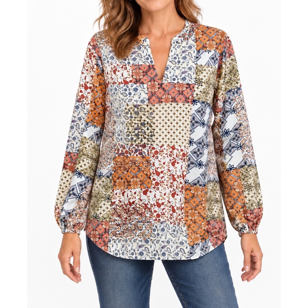 Belle Boho by Kim Gravel Patchwork Print Split V-Neck Top 2X Multicolor Cotton